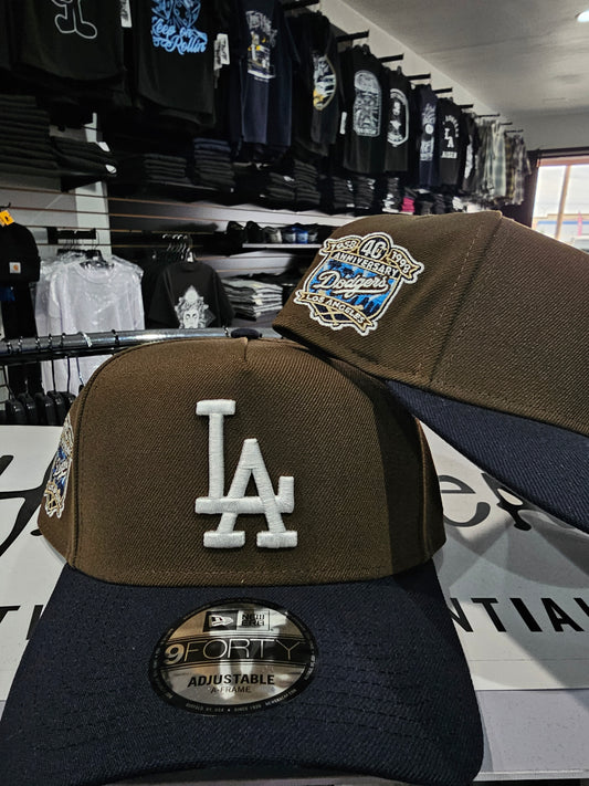 Los Angeles Dodgers 40th Anniversary side patch. 9FORTY A-Frame Snapback. Black / Brown